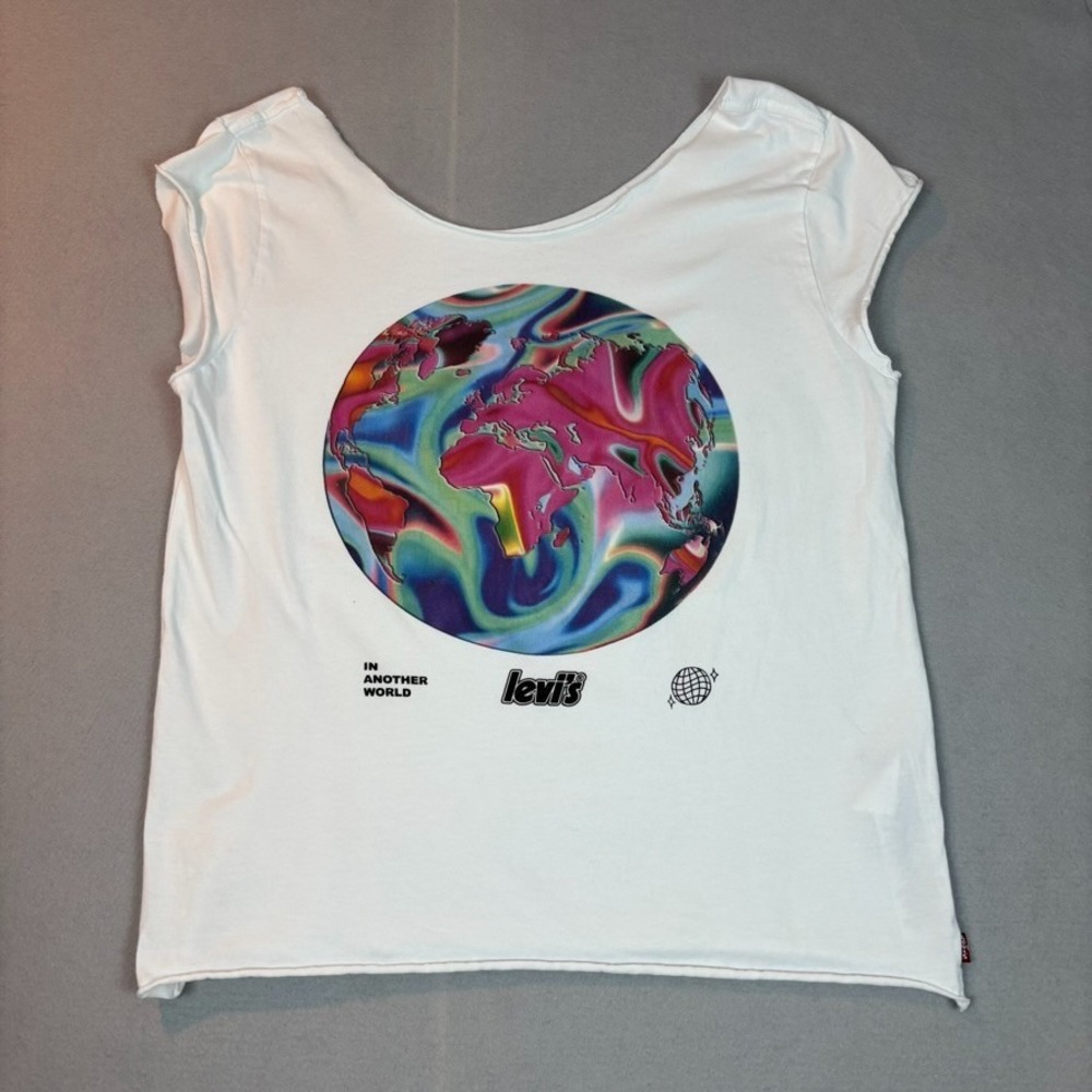 Levi's Womens White Graphic "in another world" 100% Cotton Cutoff Tee Size Small